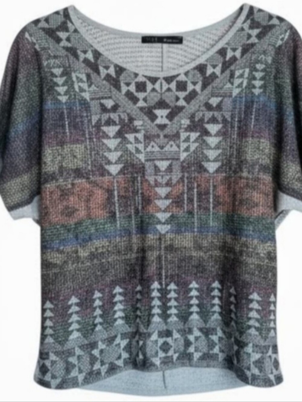 Geometric Pattern Crewneck Top in Light Gray with Multicolor Accents